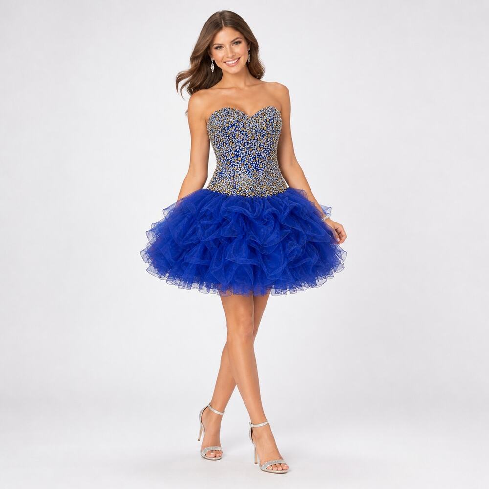 Sherri Hill Blue Beaded Strapless Ruffle Cocktail Dress Size 2 Women's 2503